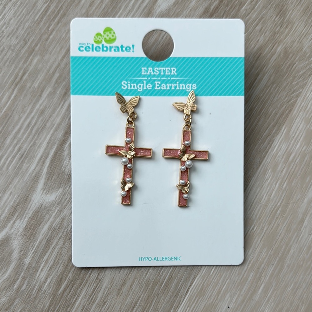 Gold and Pink Cross Earrings